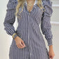 Striped Button Design Puffed Sleeve Shirt Spring Dress
