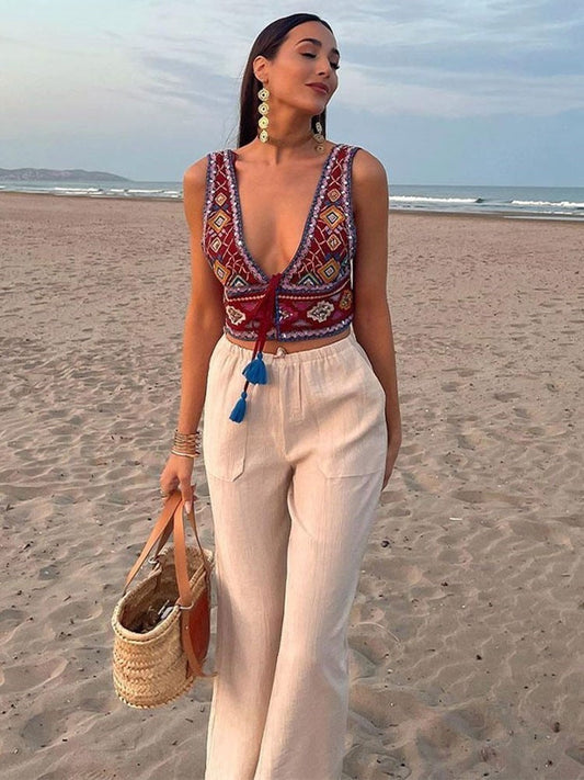 Vintage Embroidery Tassel Lace Up Vest For Women