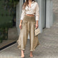 Lapel Cutout Long Sleeve Shirt With Button Top Loose Wide Legs- Two Piece Set