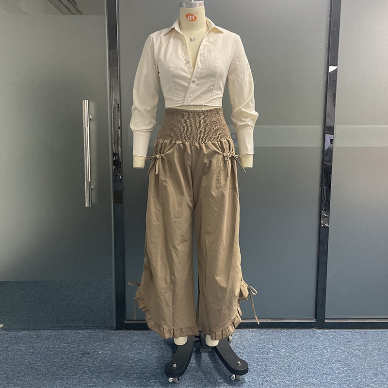 Lapel Cutout Long Sleeve Shirt With Button Top Loose Wide Legs- Two Piece Set