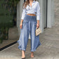 Lapel Cutout Long Sleeve Shirt With Button Top Loose Wide Legs- Two Piece Set