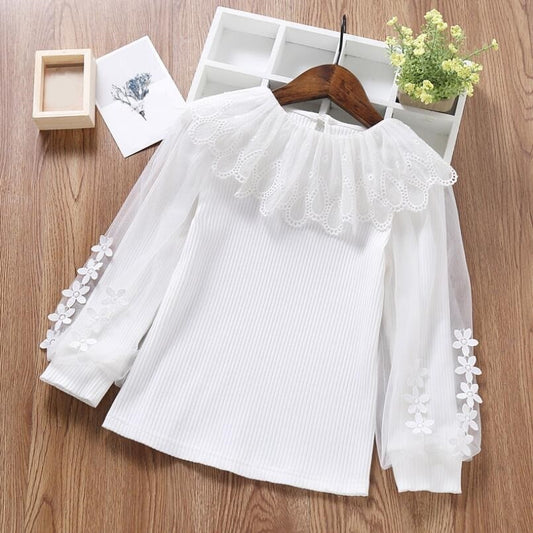 White Lace Puff Long Sleeve Blouse Top for Girls