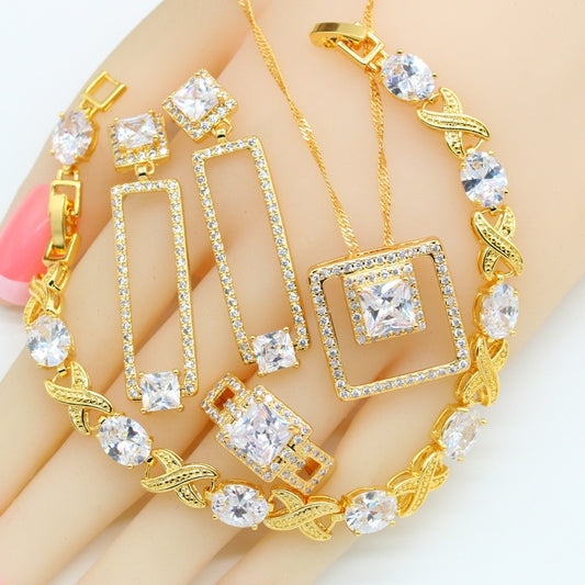 White Zirconia 18k Gold Bridal Jewelry Sets For Women