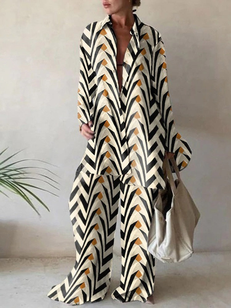 Printed Long Sleeve Shirt and Loose Pants- Two Piece Set