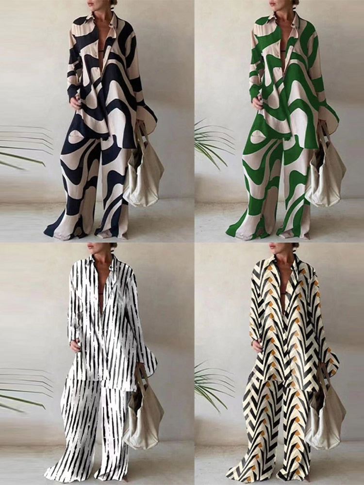 Printed Long Sleeve Shirt and Loose Pants- Two Piece Set