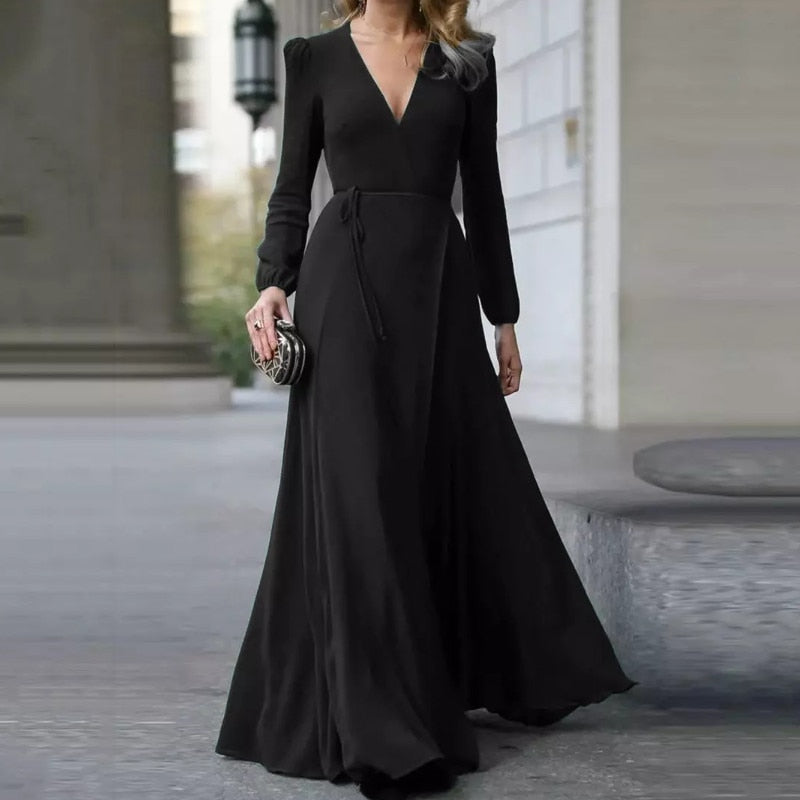 V Neck Long Sleeve Maxi Dress for Women