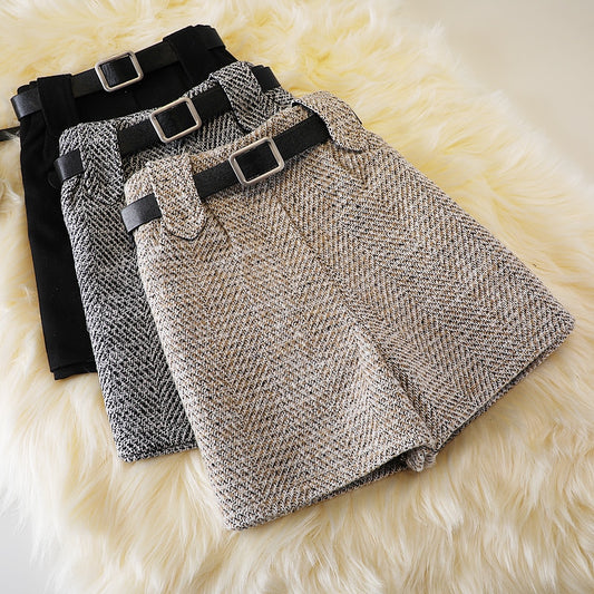 High Waisted Woolen Short with Belt for Women