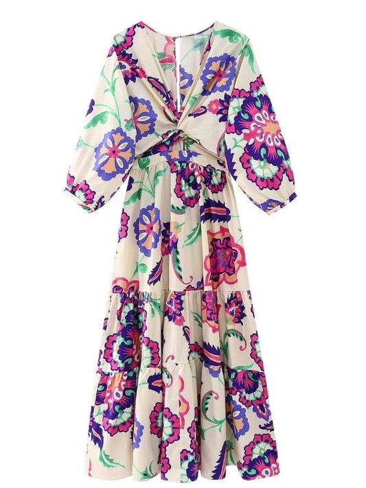 Vintage V Neck Paisley Flower Print Dress