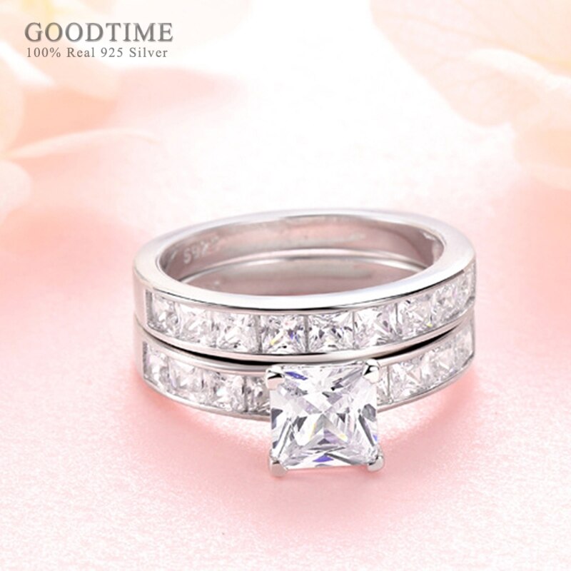 925 Sterling Silver Princess Zircon Wedding Ring Set