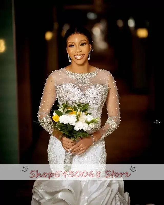 Luxury Tiered Skirts Mermaid Wedding Dresses Chic Long Sleeve Pearls Long Train O Neck Bridal