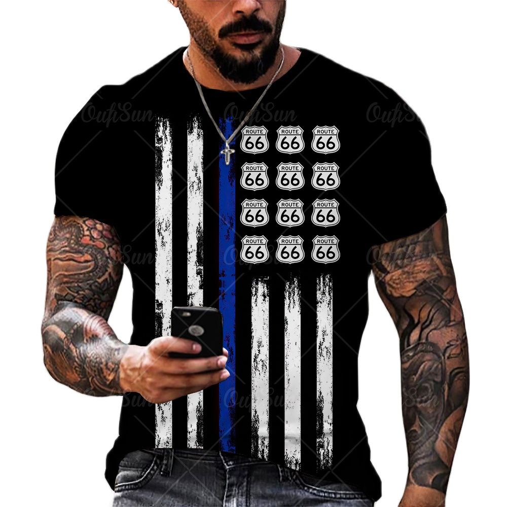 vintage Oversized America Route 66 Letters Printed O Collared T-Shirt