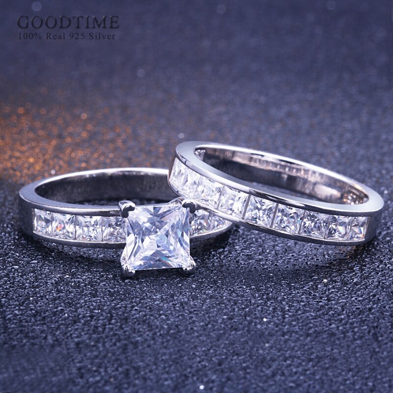 925 Sterling Silver Princess Zircon Wedding Ring Set