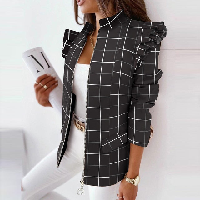 Elegant Long Sleeve Ruffle Plaid Print Zipper Top Jacket Coat