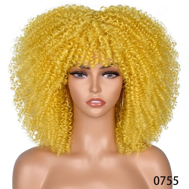 Short Hair Afro Kinky Curly Synthetic Wig With Bangs