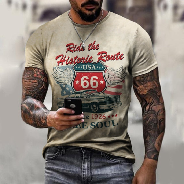 vintage Oversized America Route 66 Letters Printed O Collared T-Shirt