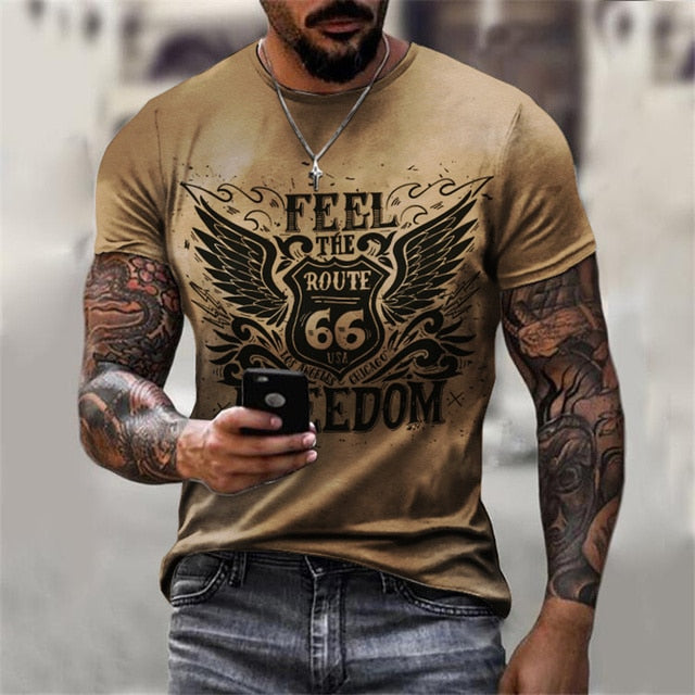 vintage Oversized America Route 66 Letters Printed O Collared T-Shirt
