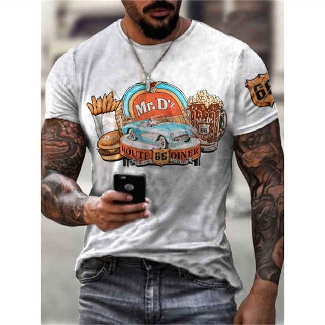 vintage Oversized America Route 66 Letters Printed O Collared T-Shirt
