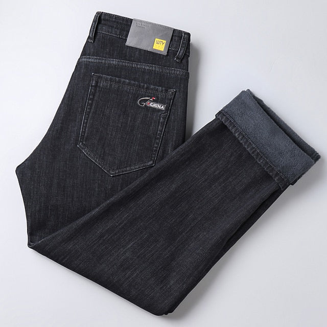 Stretch Cotton Thick Fleece Denim Pants- Jeans