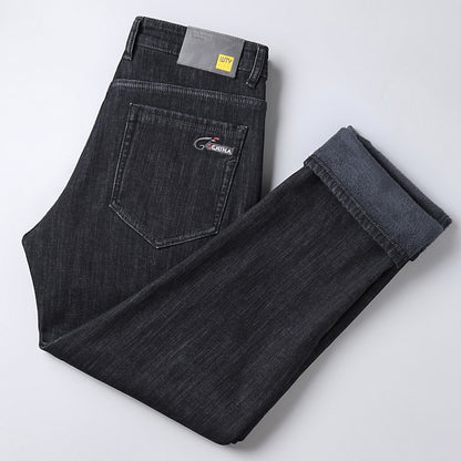 Stretch Cotton Thick Fleece Denim Pants- Jeans