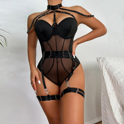 Mesh Body Halter Bandage BodySuit Sexy Lingerie Set