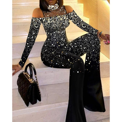 Elegant Mesh Cold Shoulder Flared Leg Jumpsuit