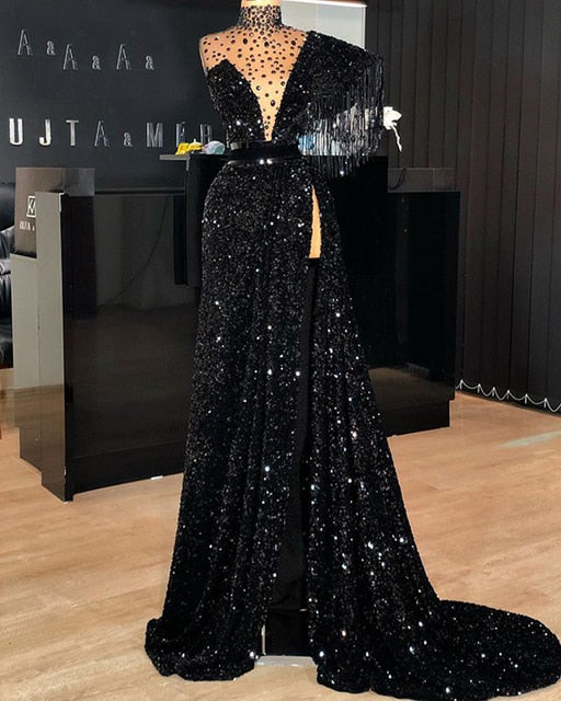 Luxury Deep V Neck Crystal With High Slit Evening Dress