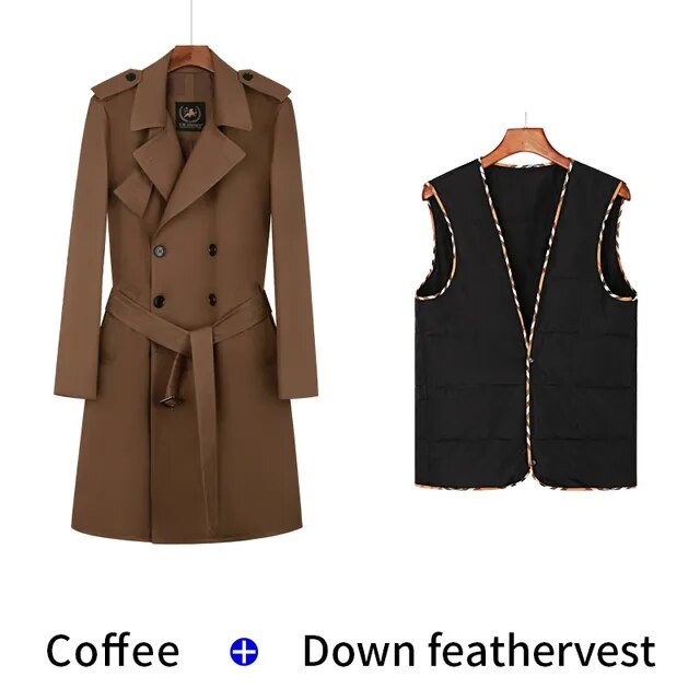 Cotton trench coat for men with double breasted British fashion coffee men's down jacket