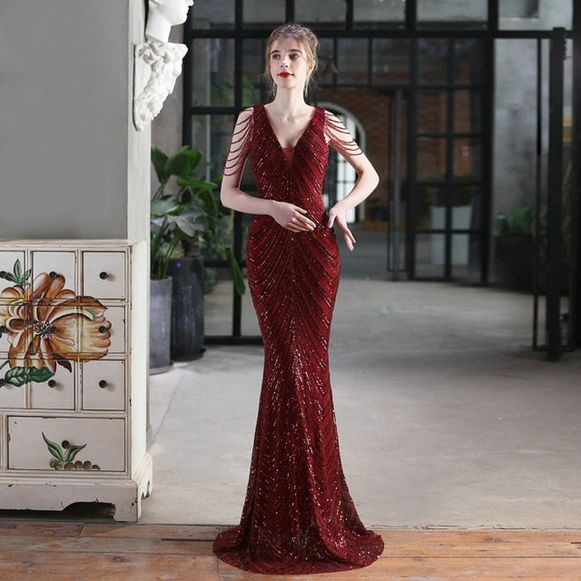 Women Beading Dress Long Prom Dress Deep V