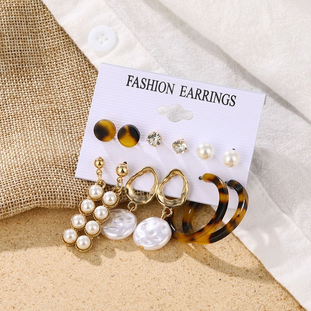 Pearl Crystal Stud Earrings Set For Women
