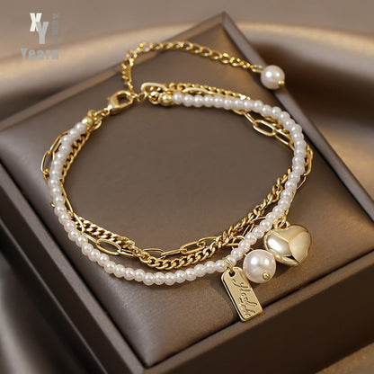 Multi Layer Pearl Heart Folded Bracelets