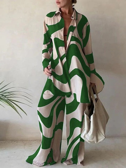 Printed Long Sleeve Shirt and Loose Pants- Two Piece Set