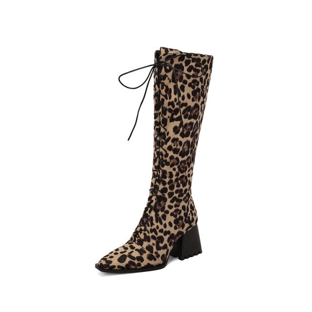 New Lace up Front Chunky Heel Zipper Knee high Boots