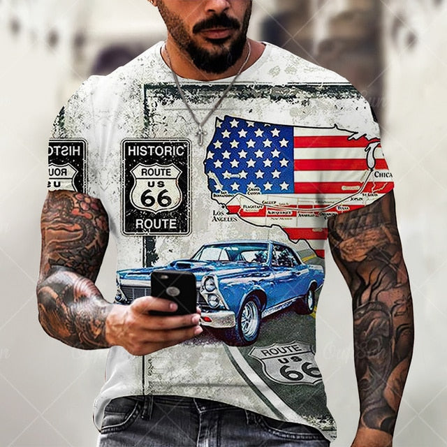 vintage Oversized America Route 66 Letters Printed O Collared T-Shirt