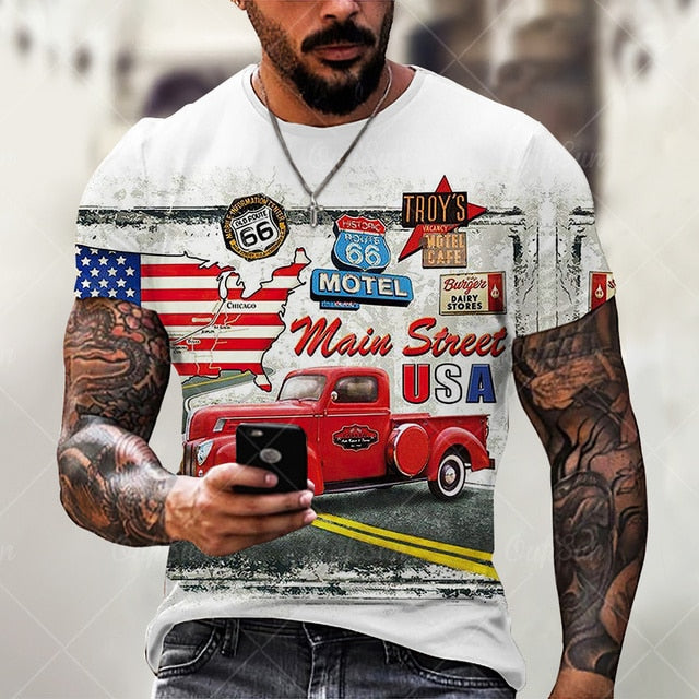 vintage Oversized America Route 66 Letters Printed O Collared T-Shirt