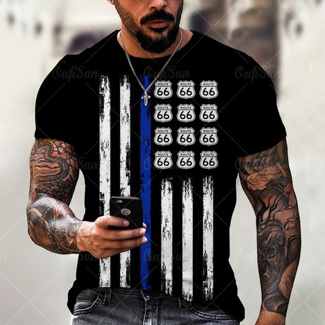 vintage Oversized America Route 66 Letters Printed O Collared T-Shirt