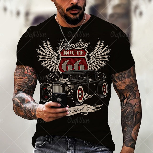 vintage Oversized America Route 66 Letters Printed O Collared T-Shirt