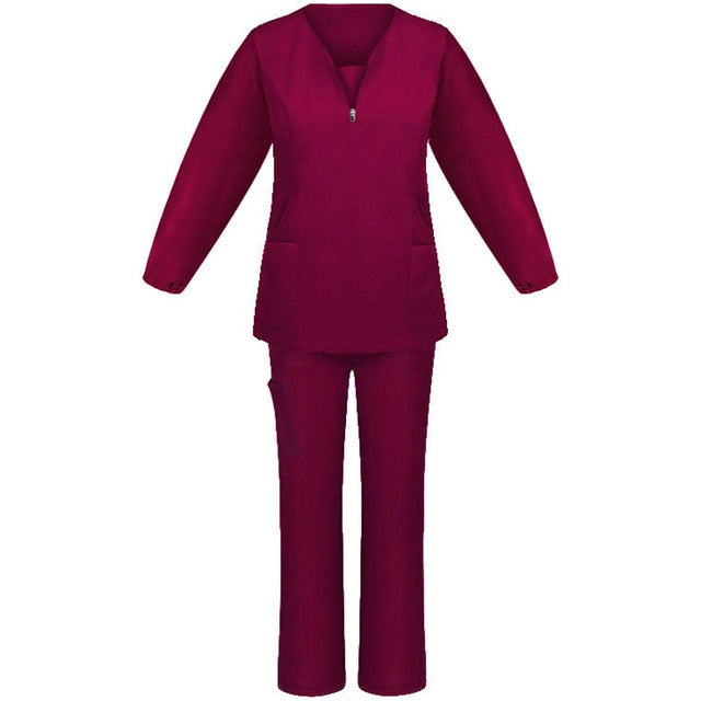 V neck Zipper Scrub Uniform Set