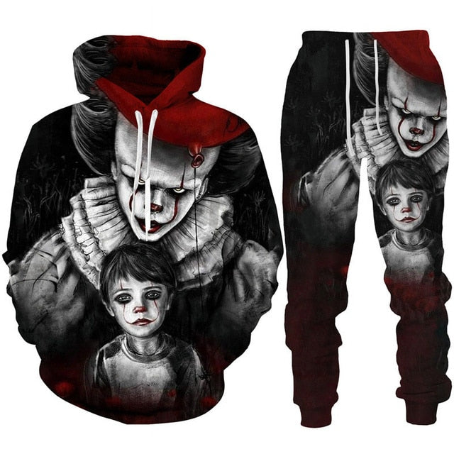Horror Movie Clown 3d Print Hoodie + pants Set for Men