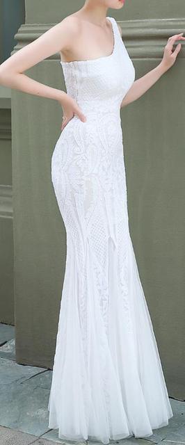One Shoulder Emerald Green Long Lace Evening Dress