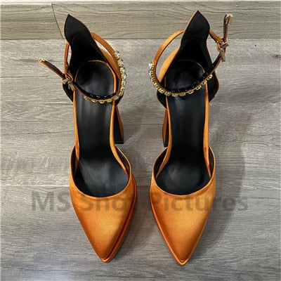 Silk Pump Heels Rhinestone Sandals