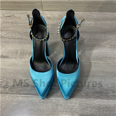 Silk Pump Heels Rhinestone Sandals