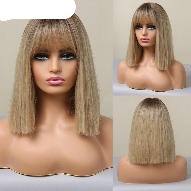 Synthetic Wig with Bangs Layered Natural Straight Wig for Women