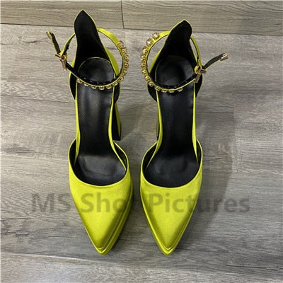 Silk Pump Heels Rhinestone Sandals